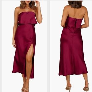 Petal & Pup Vienna Popover Strapless Satin
Midi Dress in Berry, New with Tags